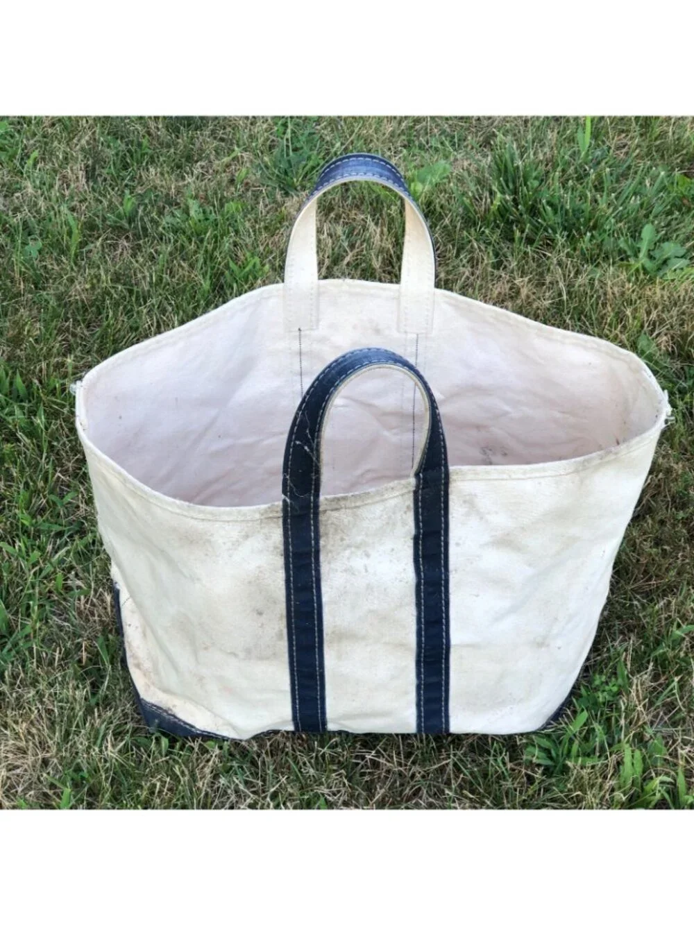 Vintage  80s LL Bean Canvas Boat & Tote Navy Handle Sawtooth Crinkle Tag Large
